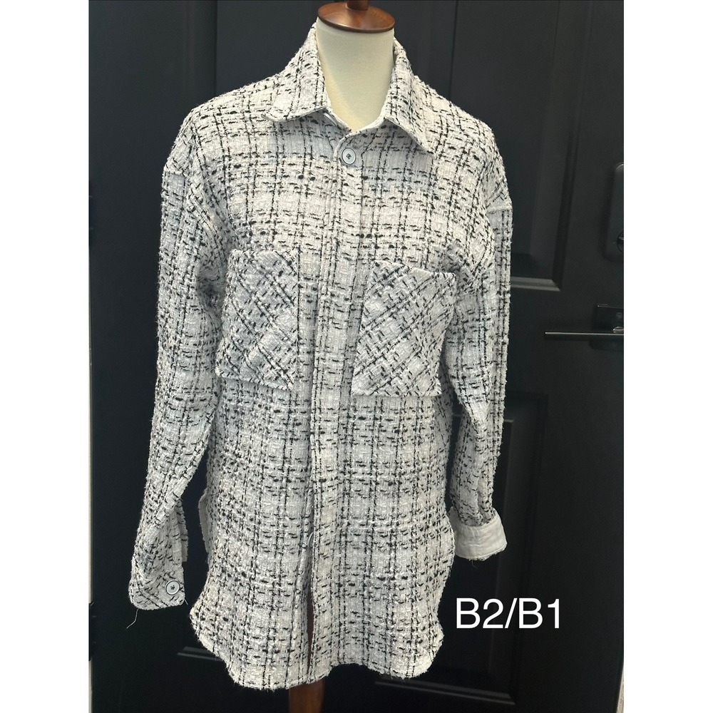 Charlie Luciano Womens Tweed Shacket Black White Plaid Button Front Jacket Small